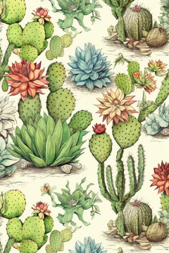 Drawn different cacti on a white background in vintage style.