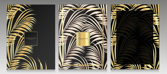 Luxury exotic cover set.  Palm leaves, tropical foliage pattern. Collection of elegant brochures, invitations, menu, posters. Black, gold and pink vector illustration.