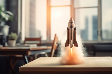 Business startup. Rocket launch in workplace. Success and concept of earning money online. Digital investment. Generative AI - obrazy, fototapety, plakaty