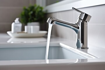 horizontal photo  close up tap water in a modern white kitchen concept ecology economy  water generative ai