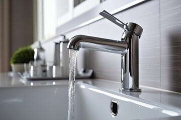 faucet with flowing water in the kitchen or bathroom on a light tile background on the wall