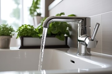 faucet with flowing water in the kitchen or bathroom on a light tile background on the wall