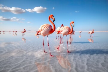 a group of pink flamingos on a salt lake at sunset