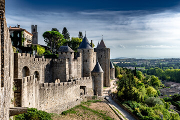 Fototapeta na wymiar Spectacular Ancient Fortress Of Medieval City Carcassonne In Occitania, France