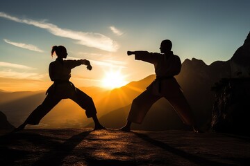 Couple practicing martial arts on the top of a mountain. Generative AI