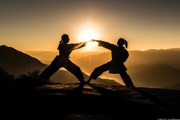 Couple practicing martial arts on the top of a mountain. Generative AI