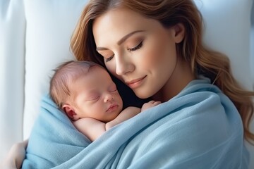Fototapeta na wymiar Woman holding adorable baby wrapped in blue blanket. Generative AI