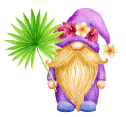 Gnome with summer tropical flowers and fan palm leaf. Birthday card design. Watercolor drawing. Garden cute gnomes clipart.