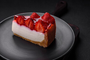 Delicious fresh cheesecake with strawberries, syrup and mascarpone cheese