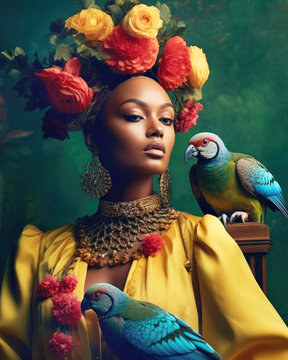 Haute couture fashion image of Black woman with flowers and bird. Generative AI