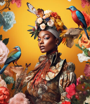 Haute couture fashion image of Black woman with flowers in studio. Generative AI