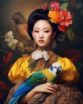 Fashion image of Asian woman with flowers and exotic bird in studio. Generative AI