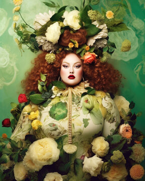 Haute couture fashion of curvy woman with flowers in studio. Generative AI