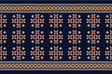 Ethnic geometric fabric pattern Cross Stitch.Ikat embroidery Ethnic oriental Pixel pattern navy blue background. Abstract,vector,illustration. Texture,clothing,scarf,decoration,motifs,silk wallpaper.