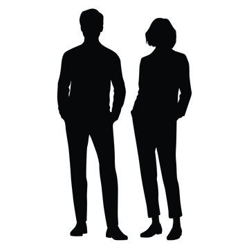 Vector silhouettes of  man and a woman, a couple of standing business people, profile, black color isolated on white background