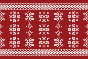 Ethnic geometric fabric pattern Cross Stitch.Ikat embroidery Ethnic oriental Pixel pattern red background. Abstract,vector,illustration. Texture,clothing,scarf,decoration,motifs,silk wallpaper.