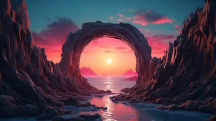 Celestial Echoes in Neon: A Surreal, 3D-Rendered Abstract Futuristic Wallpaper Blending the Radiance of Sunset or Sunrise with a Glowing Neon Portal Amidst a Mystical Landscape, Captured through the P