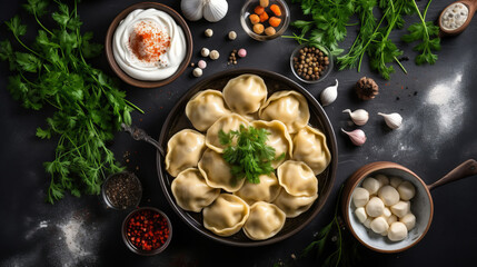 Fototapeta na wymiar Traditional russian dumplings. Illustration AI Generative.
