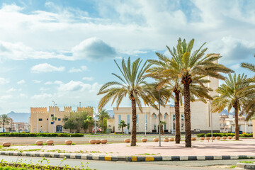 Hail city central square with palms in the front, Hail, Saudi Arabia