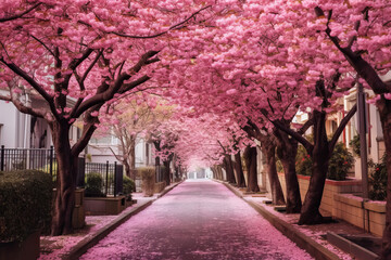 Beautiful blooming alley in spring in pink.