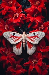 White butterfly on red flowers. Generative AI.