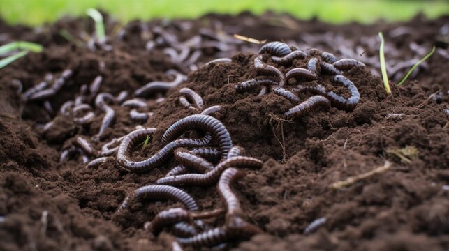 Earthworms in the ground close up. Fertilizers and compost. AI generation