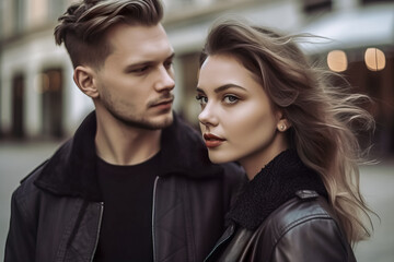 beautiful young couple in black leather jackets walking in the city street. Generative AI - Powered by Adobe