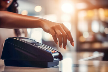 Close up of female hands holding credit card and using POS terminal to pay for products. Generative AI