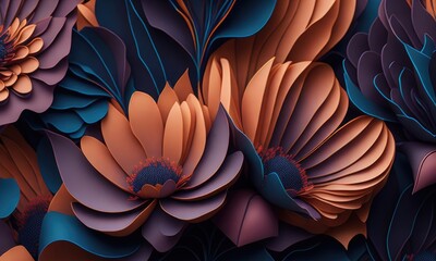 An abstract picture made of paper flowers, in the style of colorful woodcarvings