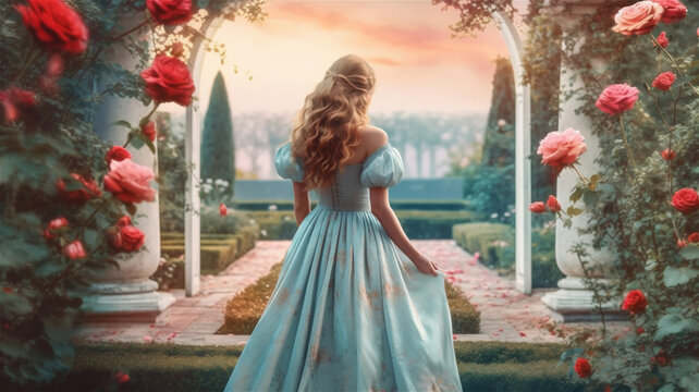 a blonde girl with flowing hair stands with her back to the frame in a blue retro dress in a rose garden, back view, illustration in pastel colors, created with Generative AI Technology.