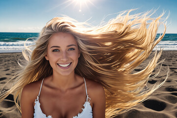 A young beautiful smiling girl in a white swimsuit with blonde hair stands on the sea beach against the backdrop of ocean waves. The wind blows the hairstyle. Generative AI - obrazy, fototapety, plakaty