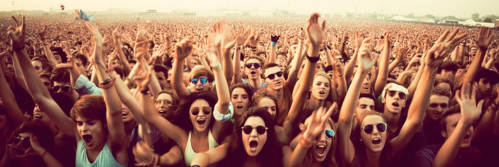 crowd at concert, summer music festival. Blurred people having beach party in summer vacation. wide banner, digital ai
