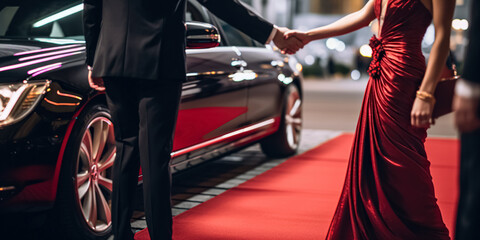 Couple arriving with limousine walking red carpet, Woman in a luxurious dress on a red carpet. Blurred image. 