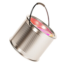 Tilted  paint tin container with colorful paint inside, with a handle. 3d render on a transparent background