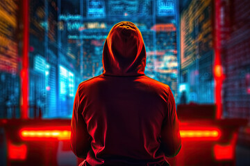 Fototapeta premium Back view of a young man sitting in front of the computer. Personal data security. Generative AI