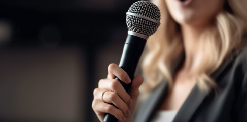 Motivational femal speaker with microphone performing on stage, closeup
