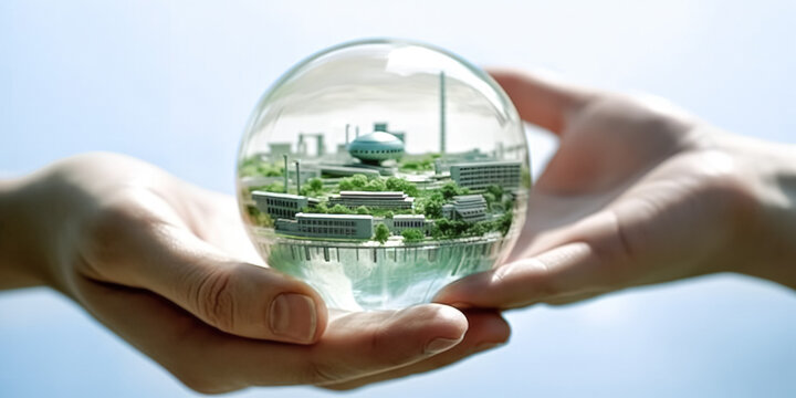 Hand holding a glass globe with a city in it. Concept of a eco green city. Green energy, ESG, renewable resources. Caring for environment. People's hands around the globe.  Earth day, digital ai 
