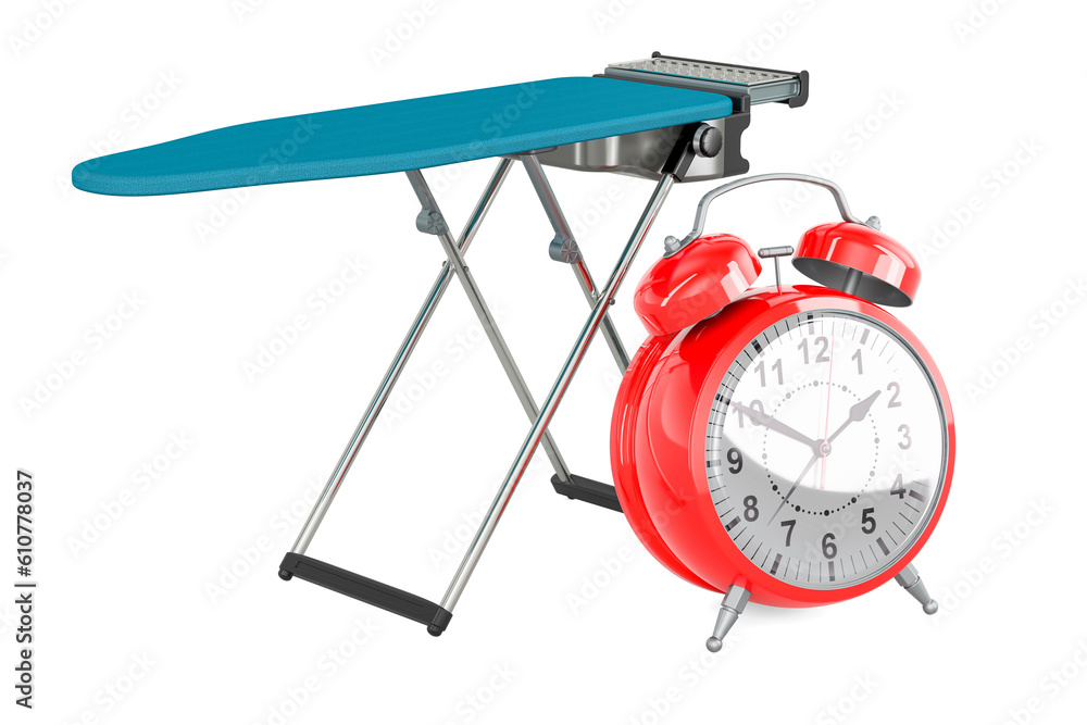 Poster ironing board with alarm clock, 3d rendering