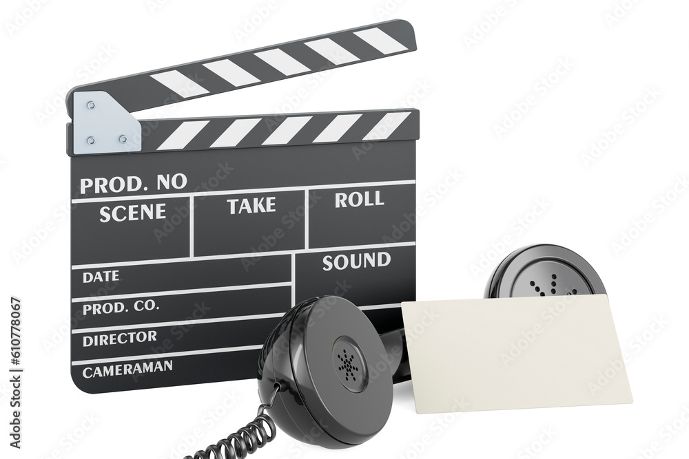 Poster clapperboard with blank business card and retro phone receiver. 3d rendering