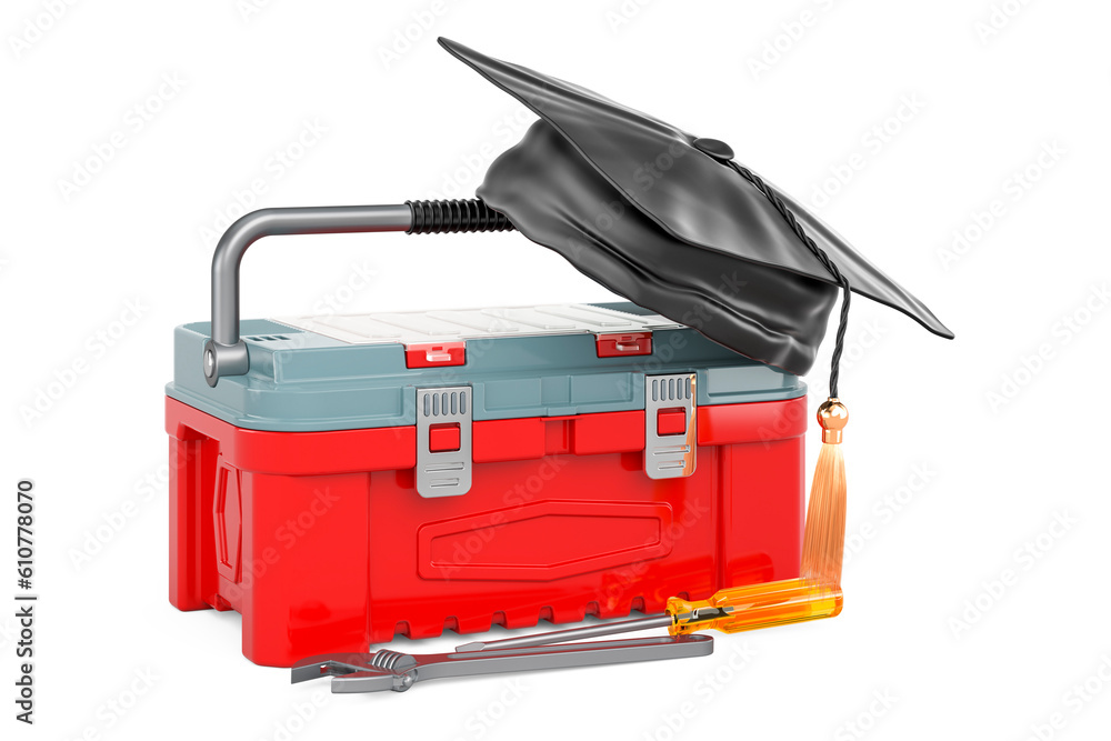Poster toolbox with graduation hat. construction workshop concept, 3d rendering