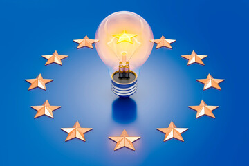 Lightbulb on the EU flag. Electric energy consumption in the European Union, 3D rendering - obrazy, fototapety, plakaty