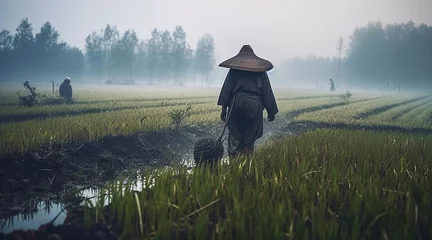 Foto op Canvas A man in a wide-brimmed hat walks through a rice field, rear view. Generative AI © ЮРИЙ ПОЗДНИКОВ