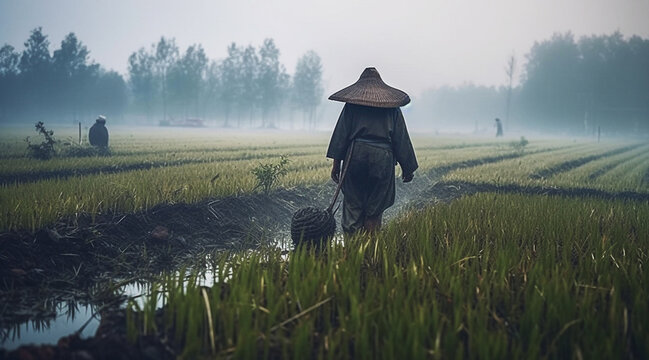 A man in a wide-brimmed hat walks through a rice field, rear view. Generative AI