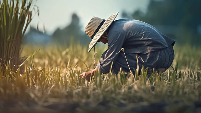 A man in a wide-brimmed hat harvests a rice field. Generative AI