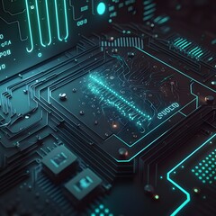Futuristic Binary Code Digital Circuit Board with Glowing Neon Electrical Components in a High-Tech Cybernetic Network Background Image for Web Design and Creative Technology Generative AI