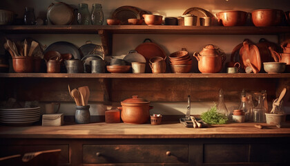 Rustic pottery collection decorates homemade kitchen shelf with creative craft generated by AI