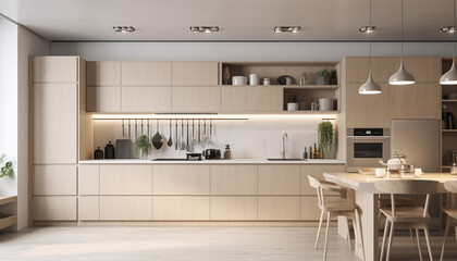 Modern domestic kitchen design with elegant wood material and marble flooring generated by AI
