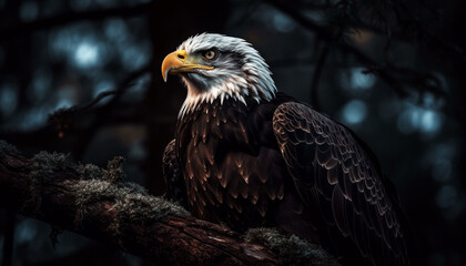 Fototapeta premium Bald eagle perching on branch, majestic hunter in tranquil forest generated by AI