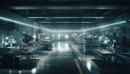 Modern metal industry factory with robotic arms and conveyor belts generated by AI