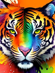 Naklejka premium Colorful rainbow tiger face portrait head on multicolored background in aquarelle style, creative abstract background with colourful watercolor fluid liquid painting orange green blue. Generative AI
